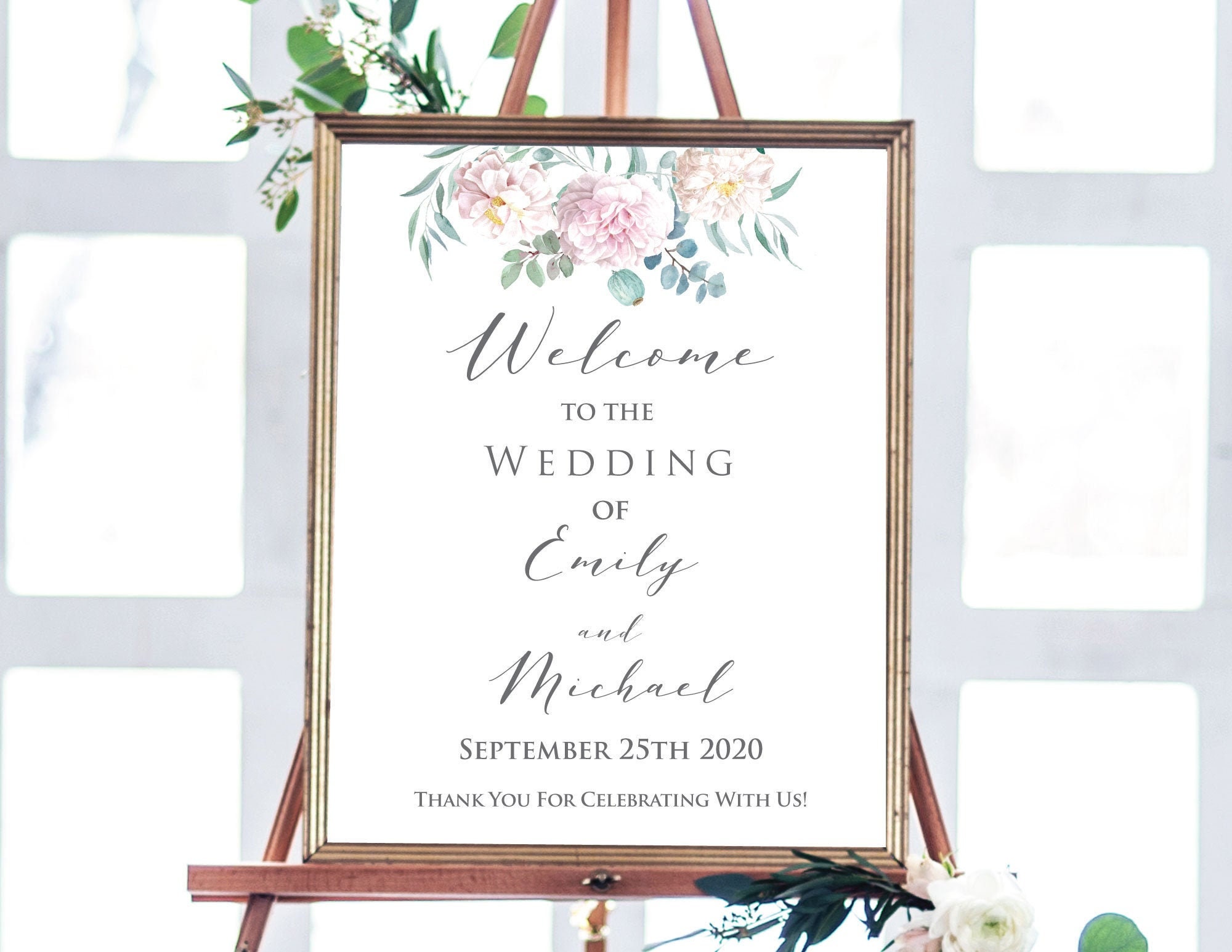 Editable Seating Chart and Welcome Sign Template - Watercolor Greenery